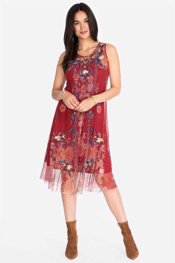 JOHNNY WAS EMBROIDERED MESH OVERLAY DRESS Boho Gypsy Belle