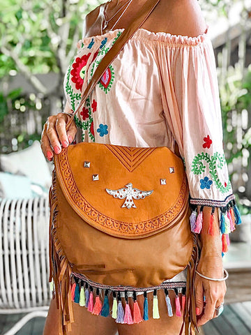 Gypsy Weave Leather Fringed Boho Bag Distressed Brown – Dreamtime Boho