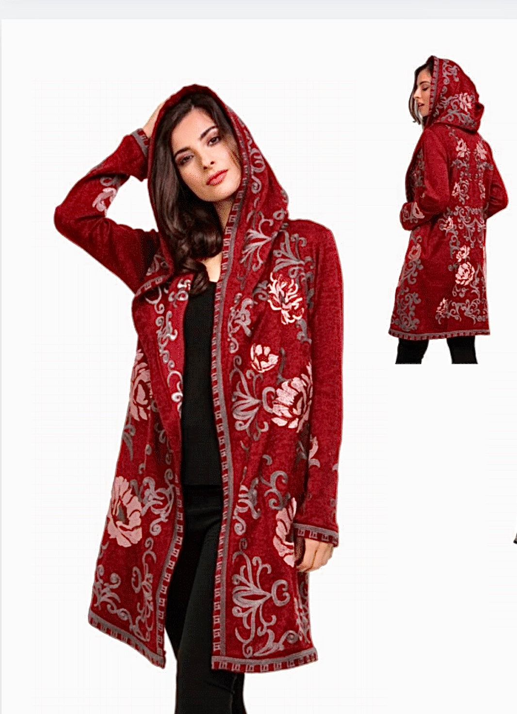 EMBROIDERED PINK FLOWER WINE COLOURED DUSTER COAT