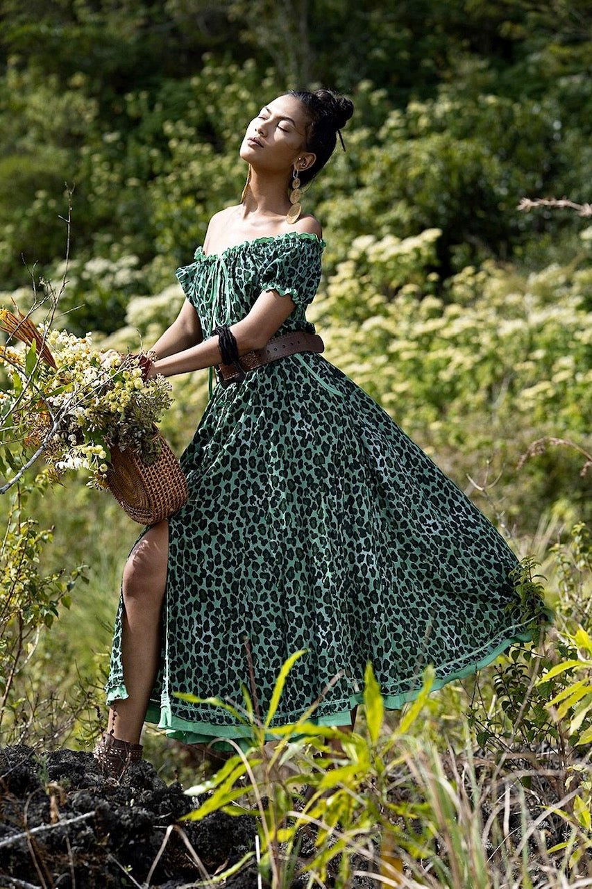 BOHEMIAN GODDESS OFF SHOULDER MIDI DRESS Emerald