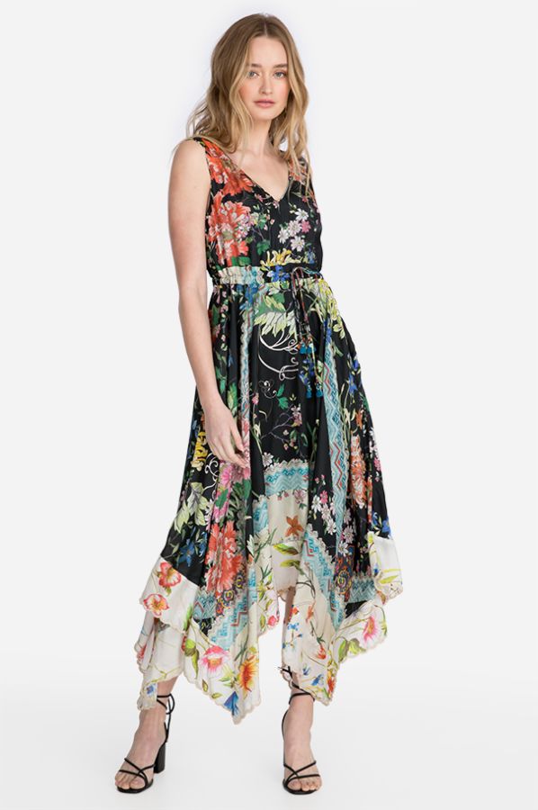 JOHNNY WAS MERU EMBROIDERED LINED SILK DRESS