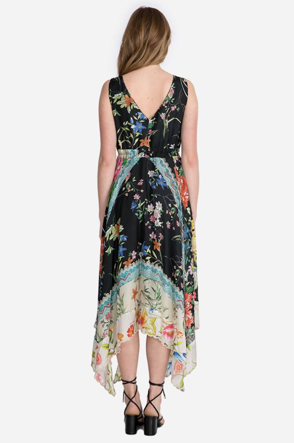 JOHNNY WAS MERU EMBROIDERED LINED SILK DRESS