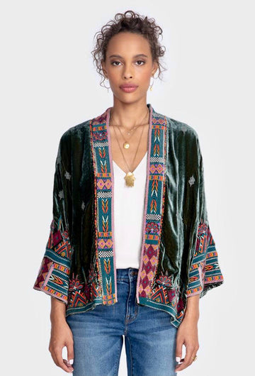 JOHNNY WAS TEALE GREEN VELVET EMBROIDERED KIMONO